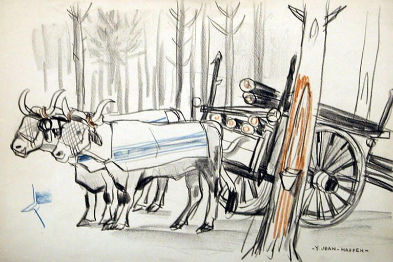 Attelage de boeufs dans une forêt de pins (esquisse) [titre attribué]_0