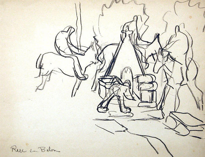 Riec sur Belon : les chevaux à la fontaine pour le pardon (croquis) [titre attribué]_0
