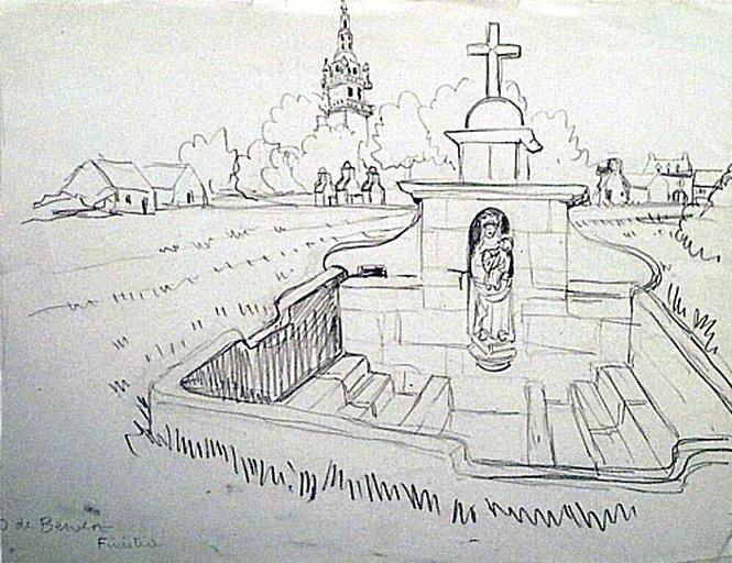 Berven : la fontaine au milieu du village (croquis) [titre attribué]_0