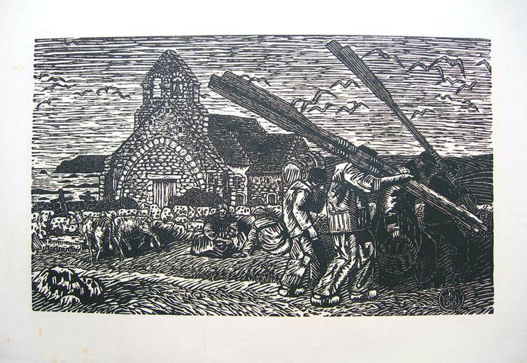 Les pêcheurs et la chapelle du Vieux Bourg ; La remontée du port à Pléhérel (ancien titre) [titre attribué]_0