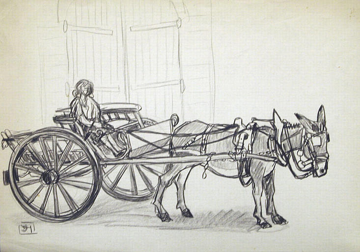 Fontenille : Claudine conduisant l'ânesse Louloute à Fontenille (esquisse : titre inscrit)_0