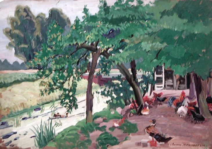Poules et canard au bord de la rivière [titre attribué]_0