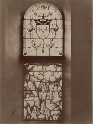 Chantilly, vitraux de la chapelle : la crèche et les armes de Condé, A Chalot, 1885