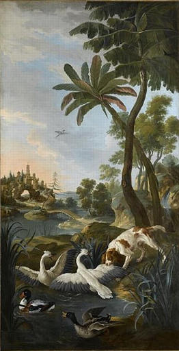 PAYSAGE AVEC UN CHIEN ATTAQUANT DES CYGNES, CANARD COLVERT ET TADORNE DE BELON_0