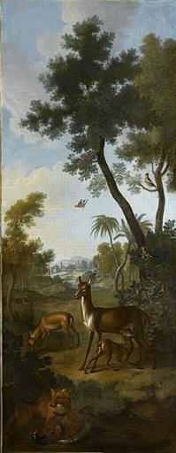PAYSAGE AVEC DES CHEVREUILS ET UN RENARD DEVORANT UN FAISAN AU PREMIER PLAN. A DROITE, CHARDONNERETS ; PINSONS DONT UN EN VOL_0