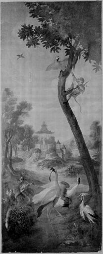 Paysage avec aras raunas, cariama huppé, grues, porc-épic, singes macaques_0