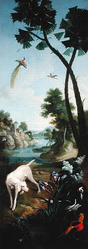 Paysage avec chien et faisans, oiseaux de paradis, iris_0