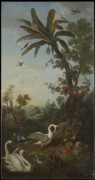 Paysage avec singes macaques rhésus, cygnes tuberculés, spréo royal d'Afrique, sur le palmier, canard colvert et pastèques_0