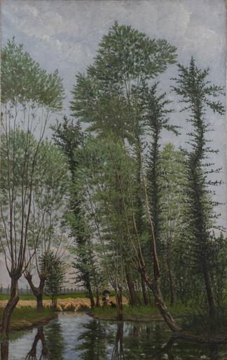 Berger avec son troupeau, au bord de l'eau, dans une peupleraie_0