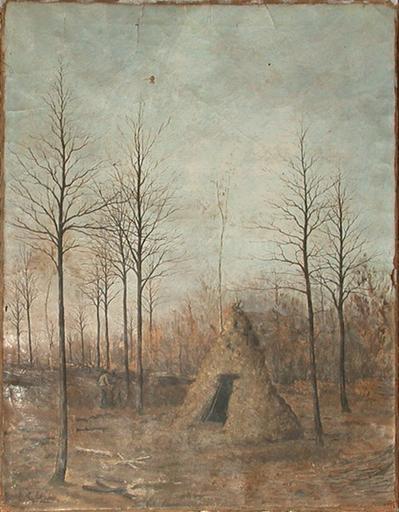 Cabane de bûcheron au milieu d'une clairière, l'hiver_0