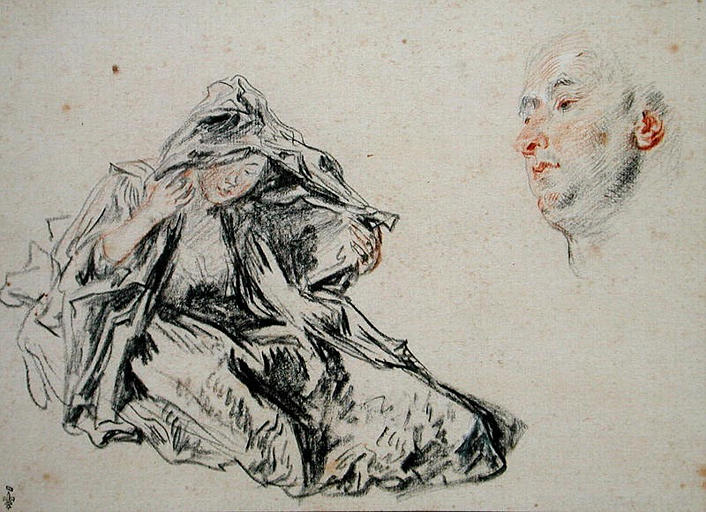 Jeune femme assise à terre, un voile sur la tête, et tête d'homme_0