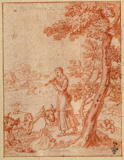 EPISODE DES AMOURS PASTORALES DE DAPHNIS ET CHLOE : CHLOE ATTIRE LES BOEUFS ET RAMENE DAPHNIS EN JOUANT DE LA FLUTE_0