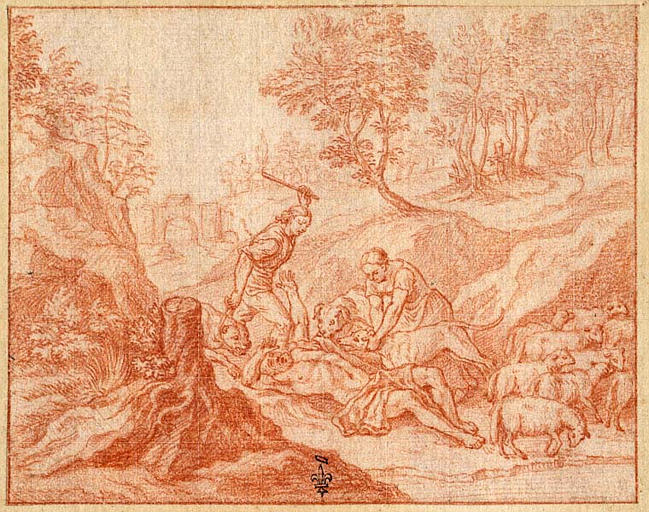EPISODE DES AMOURS PASTORALES DE DAPHNIS ET CHLOE : DORCON LE VACHER S'EST DEGUISE EN LOUP POUR SURPRENDRE DAPHNIS ET CHLOE, MAIS IL SE FAIT ATTRAPER PAR DES CHIENS_0