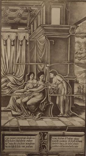 Vitrail de la Galerie de Psyché au château de Chantilly, provenant d'Ecouen : les deux soeurs conseillant à Psyché de connaître son époux. 17_0