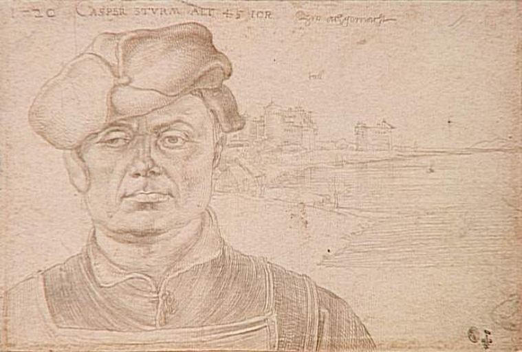 Le voyage aux Pays-Bas ; L'hôtel de ville d'Aix la Chapelle (recto) ; Caspar Sturm devant un paysage fluvial (verso)_1