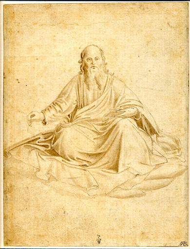 Evangéliste assis, de face, tenant un livre ouvert de la main gauche et une plume de la main droite (verso) ; Evangéliste assis de trois-quarts vers la gauche, lisant un livre qu'il tient de la main gauche, posé sur le genou droit (recto)_0