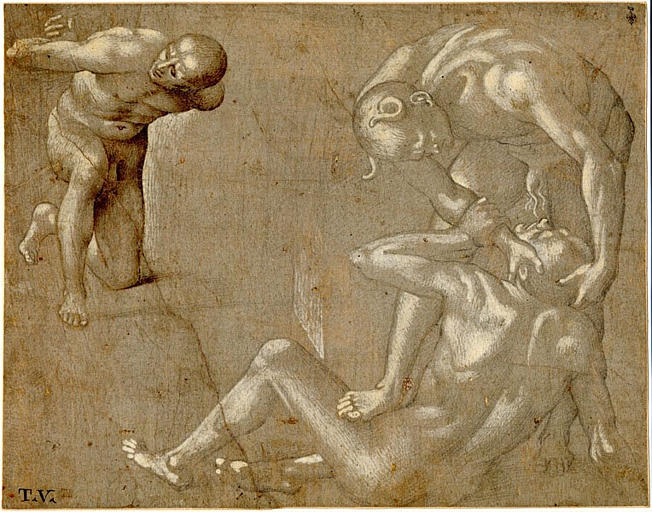 Etude de trois hommes nus, d'après la fresque de Signorelli, Les Damnés, à Orvieto, Timoteo Viti, 1502-1504