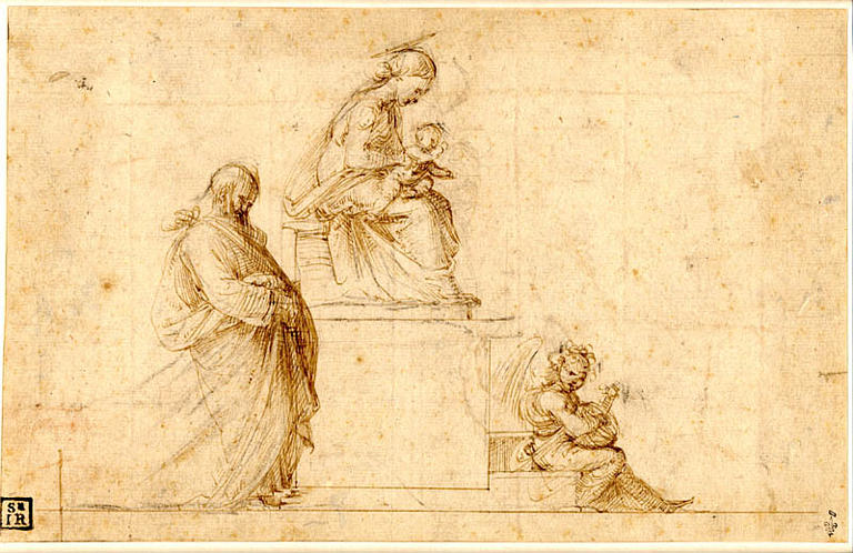La Vierge à l'Enfant, sur un piédestal, entourée de Joseph et d'un ange jouant de la mandoline (recto); Esquisse d'une mise en place de perspective (verso)_0