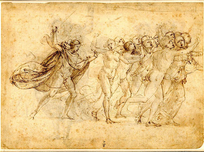 L'Archange saint Michel, muni d'une épée, chasse un groupe de personnages (recto) ; Deux personnages discutant ; saint Michel, vêtu d'une grande cape, brandissant une épée (verso)_0