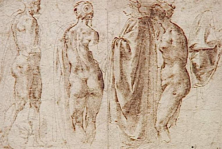 Groupe de quatre figures debout et un drapé (recto) ; Deux études pour une figure d'homme assis, une étude de drapé (verso)_0