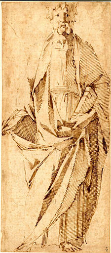 Un saint drapé, debout, de face, tenant un livre fermé dans la main gauche et une plume dans la main droite, Giovanni Bandini, 1555 après