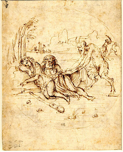 Un satyre réveille Hercule endormi près d'Omphale (recto) ; Hercule combattant le lion (verso)_0