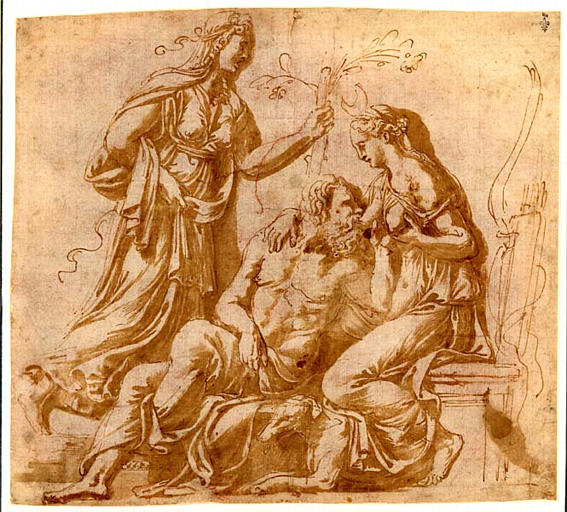 Diane-Hécate donnant le sein à un vieillard, et une femme tenant un rameau fleuri_0