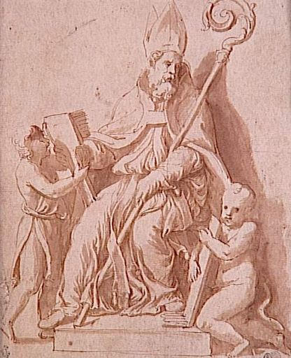 Saint Blaise (?), assis, entre deux enfants_0