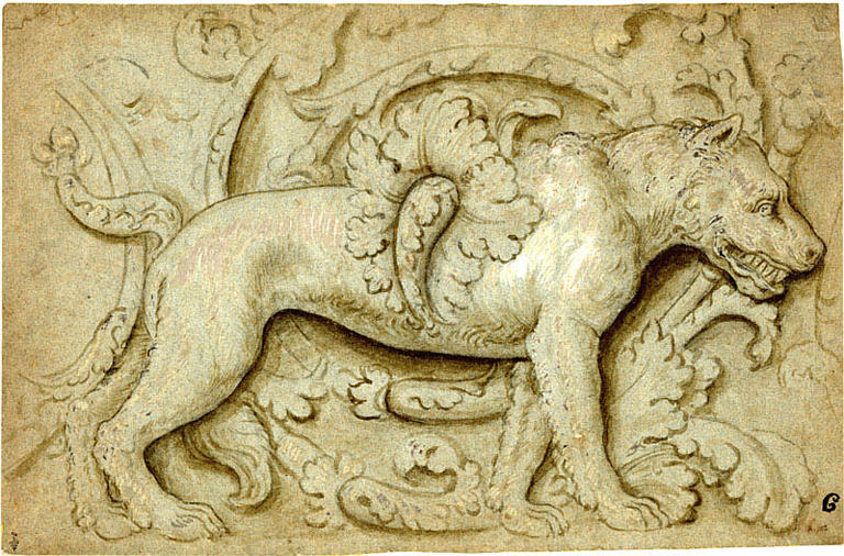 Loup de profil dans un rinceau d'acanthe_0