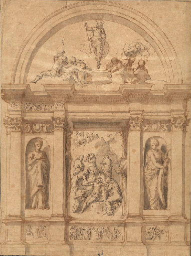 Projet pour une chapelle, avec, au retable, la Déploration sur le Christ mort entre les statues de sainte Lucie ( ?) et de sainte Catherine d'Alexandrie, et, dans la lunette, la Résurrection du Christ_0