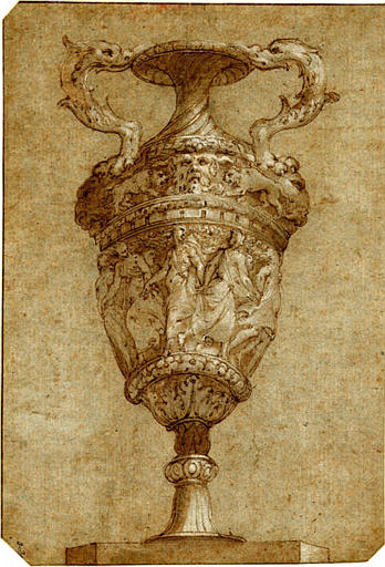 Vase à deux anses, décoré, sur la panse d'une ronde de femmes et, sur l'épaule, d'un mascaron entre deux lions_0