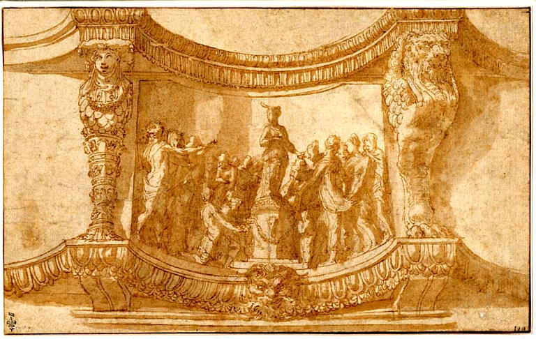 Frise concave d'entablement ( ?), avec une Diane d'Ephèse en cariatide et un monstre à tête de lion en atlante, encadrant une scène d'adoration d'une statue antique_0