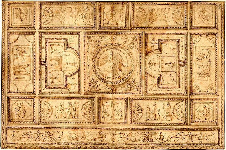 Etude de plafond, avec au centre, la Renommée et au pourtour, Apollon faisant écorcher Marsyas, Apollon devant Midas, le Jugement de Pâris et trois autres scènes non identifiées_0