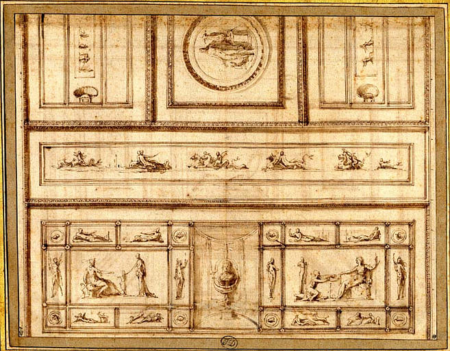 Projet de décor de plafond, avec dans un médaillon, Apollon (recto) ; Projet de décor de plafond (verso)_0