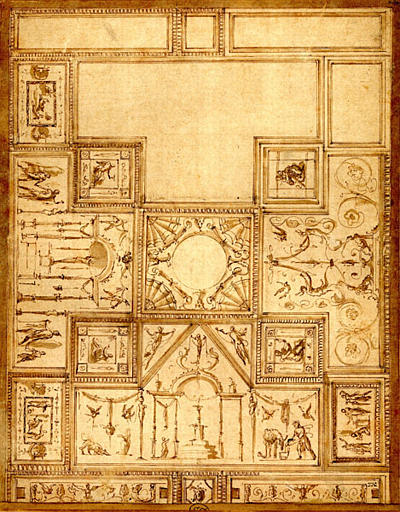 Projet de décor de plafond à caissons historiés et motifs grotesques_0