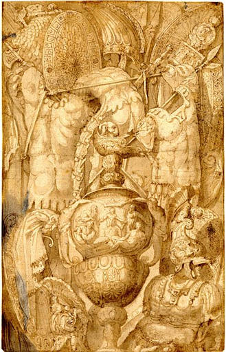 Vase au centre d'un trophée d'armes à l'antique, Гульельмо делла Порта