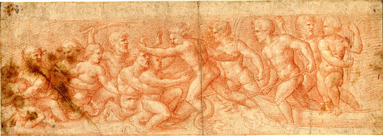 Six hommes nus armés de tridents s'élançant d'une barque pour libérer trois femmes nues enlevés par trois tritons_0