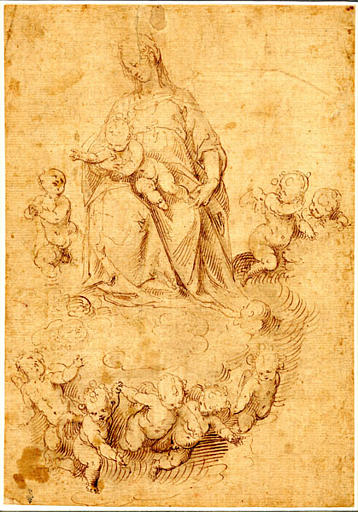 La Vierge et l'Enfant assis sur des nuées parmi les anges (recto) ; Chérubin (verso), Guglielmo Caccia, 1605-1608