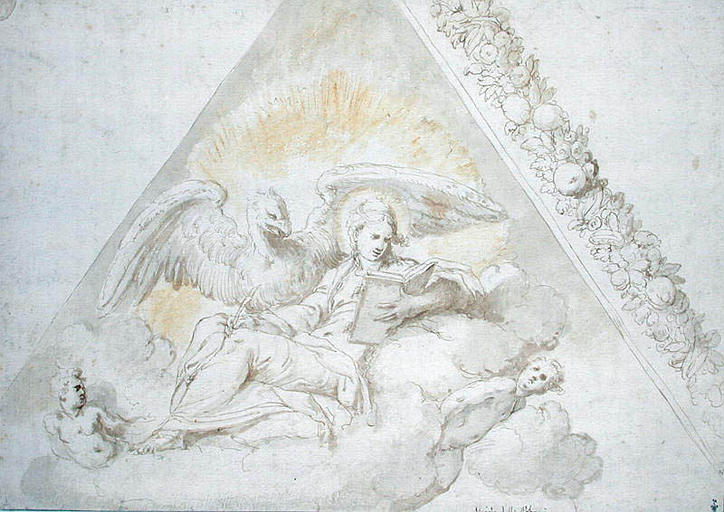 Saint Jean l'évangéliste assis sur une nuée portée par deux anges, en compagnie de l'aigle_0