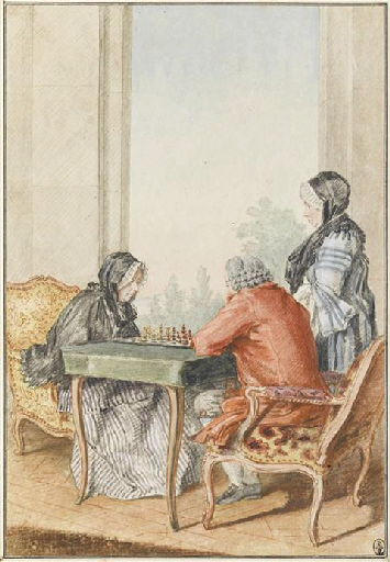 Mme d'Esclavelles, mère de Mme d'Epinay, et M de Linant jouant une partie d'échecs ; la mie Michel en contemplation_0