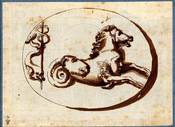 Cheval fantastique, dauphin et caducée_0