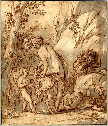 Nymphe montant sur un bouc (recto) ; fragment de dessin avec une Flore (? ) dans les cieux et un amour volant tenant un panier de fruits (verso)_0