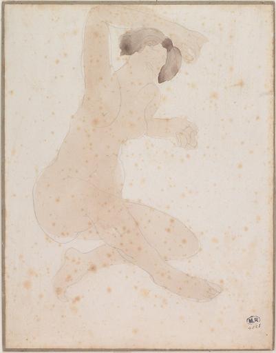 FEMME NUE ASSISE, UN BRAS REPLIE AU DESSUS DE LA TETE. ET LE NOM DE CLARA, CHUCHOTE DE LEVRES EN LEVRES, DE LIT EN LIT, DE CHAMBRE EN CHAMBRE... (LE JARDIN DES SUPPLICES D'OCTAVE MIRBEAU.1902)_0