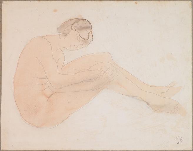 FEMME NUE, ASSISE DE PROFIL, LES MAINS TENDUES VERS LES JAMBES ALLONGEES_0