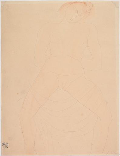 FEMME NUE, ASSISE DE FACE, MAINS AU DOS ET JAMBES ECARTEES SOUS UN VOILE_0