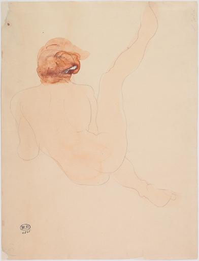 FEMME NUE ASSISE DE DOS ET UNE JAMBE LEVEE_0