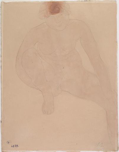 FEMME NUE ASSISE ET DE FACE, UNE MAIN PASSEE SOUS LA CUISSE_0