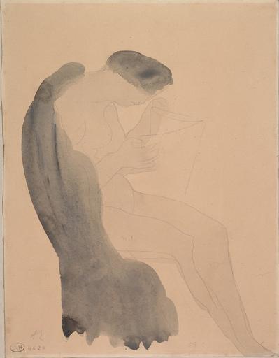 FEMME NUE ASSISE, DE PROFIL ET LISANT, UN VENTEMENT SUR LES EPAULES_0
