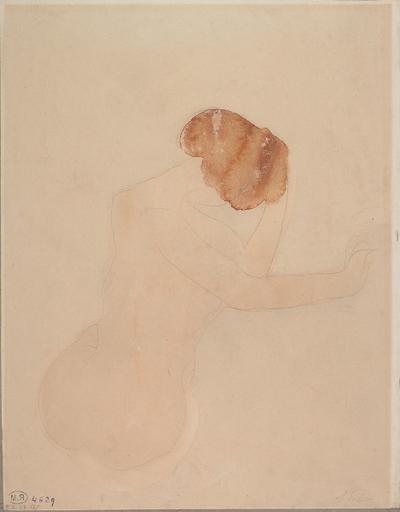 FEMME NUE ASSISE ET DE DOS, UNE MAIN AU FRONT ET UN BRAS TENDU VERS LA DROITE_0
