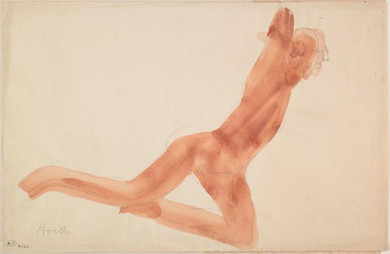 ROCHER, FEMME NUE, UN GENOU EN TERRE ET TENDUE VERS LA DROITE_0